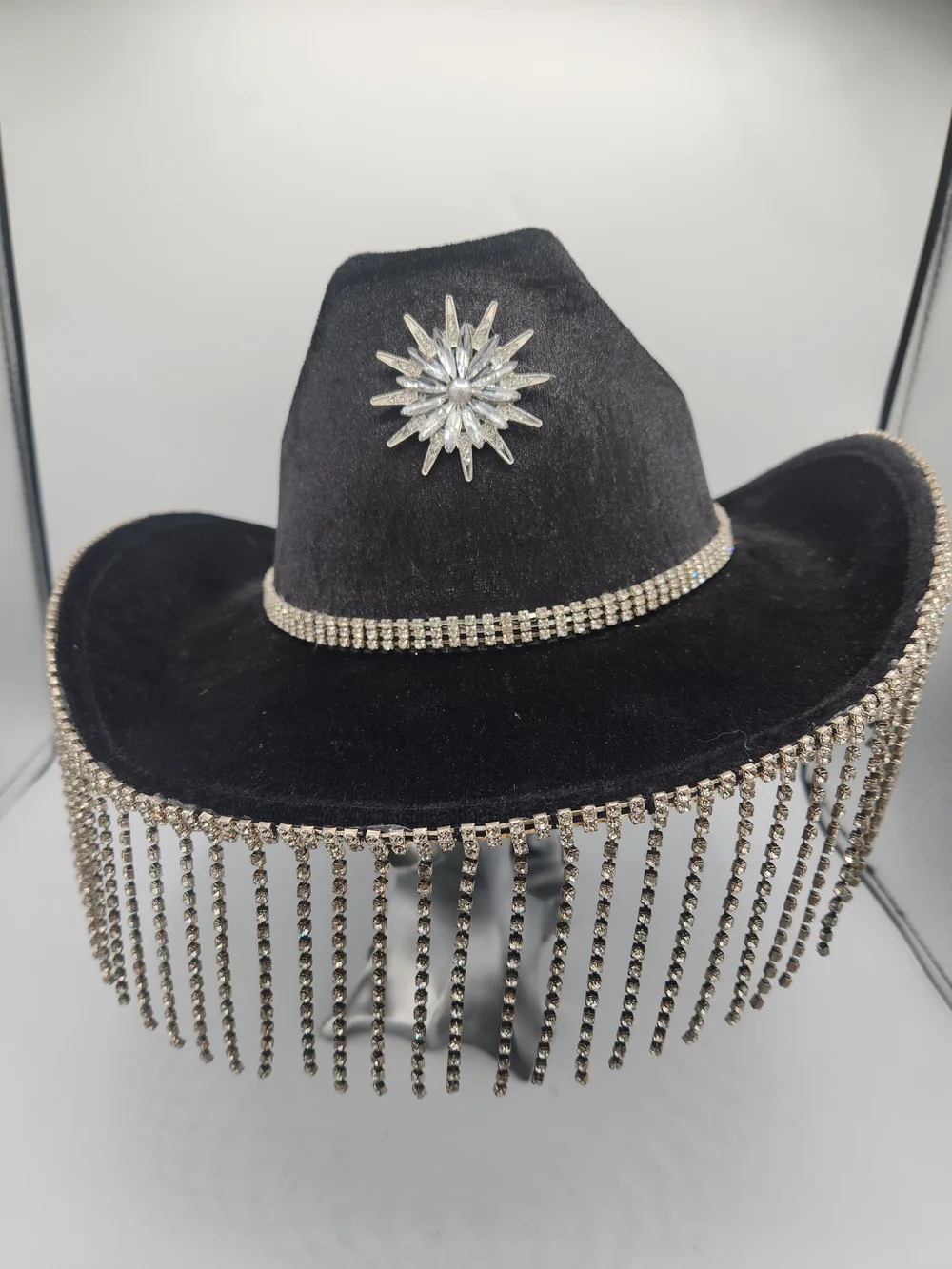 Black Rhinestone Fringe Cowgirl Hat with Starburst Brooch